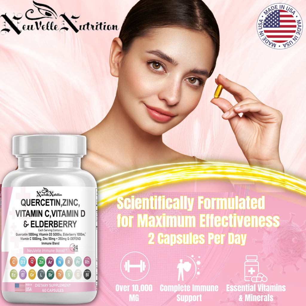 Quercetin, Zinc, Vitamin C, D, Elderberry, Ginger, Bromelain, Turmeric, Nettle, Reishi, Sea Moss, Garlic, Rose Hips & Black Pepper – 60 Vegan Capsules - ImmuneShield Complete Immune Support