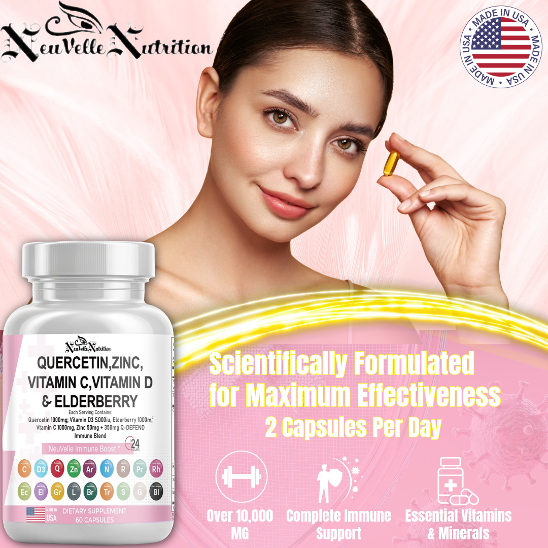 Quercetin, Zinc, Vitamin C, D, Elderberry, Ginger, Bromelain, Turmeric, Nettle, Reishi, Sea Moss, Garlic, Rose Hips & Black Pepper – 60 Vegan Capsules - ImmuneShield Complete Immune Support