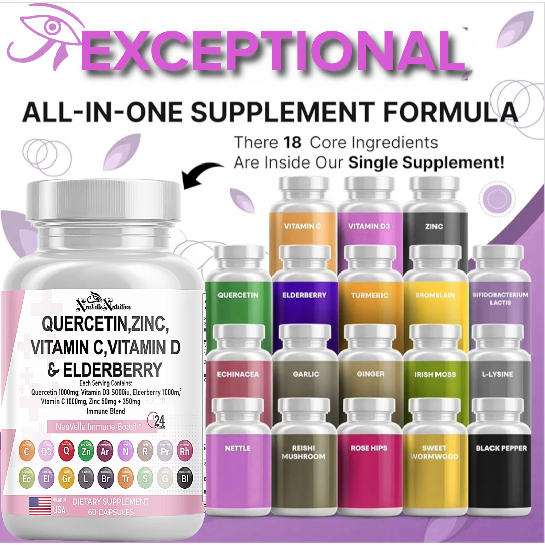 Quercetin, Zinc, Vitamin C, D, Elderberry, Ginger, Bromelain, Turmeric, Nettle, Reishi, Sea Moss, Garlic, Rose Hips & Black Pepper – 60 Vegan Capsules - ImmuneShield Complete Immune Support