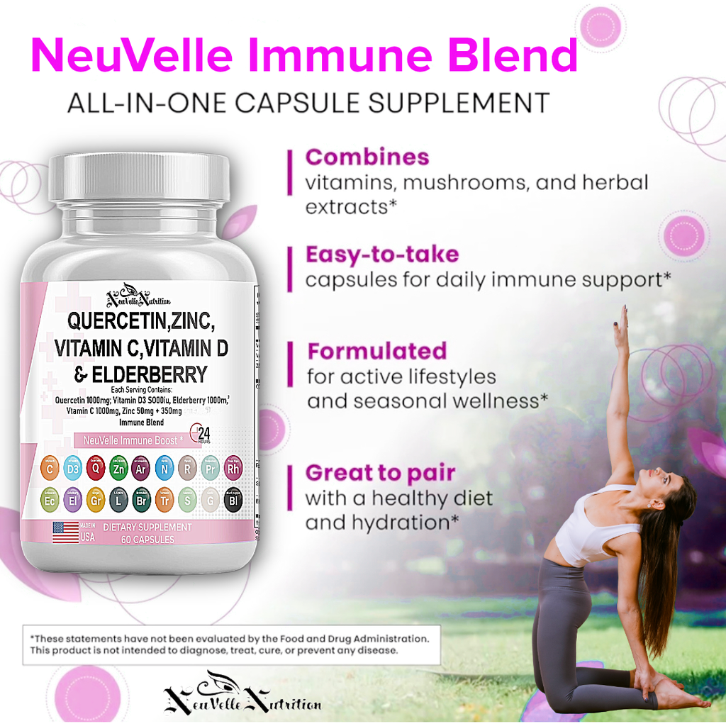 Quercetin, Zinc, Vitamin C, D, Elderberry, Ginger, Bromelain, Turmeric, Nettle, Reishi, Sea Moss, Garlic, Rose Hips & Black Pepper – 60 Vegan Capsules - ImmuneShield Complete Immune Support